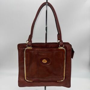 Vintage Don Quixote Brown Leather Satchel Purse w/Gold Trim Top Zipper Closure